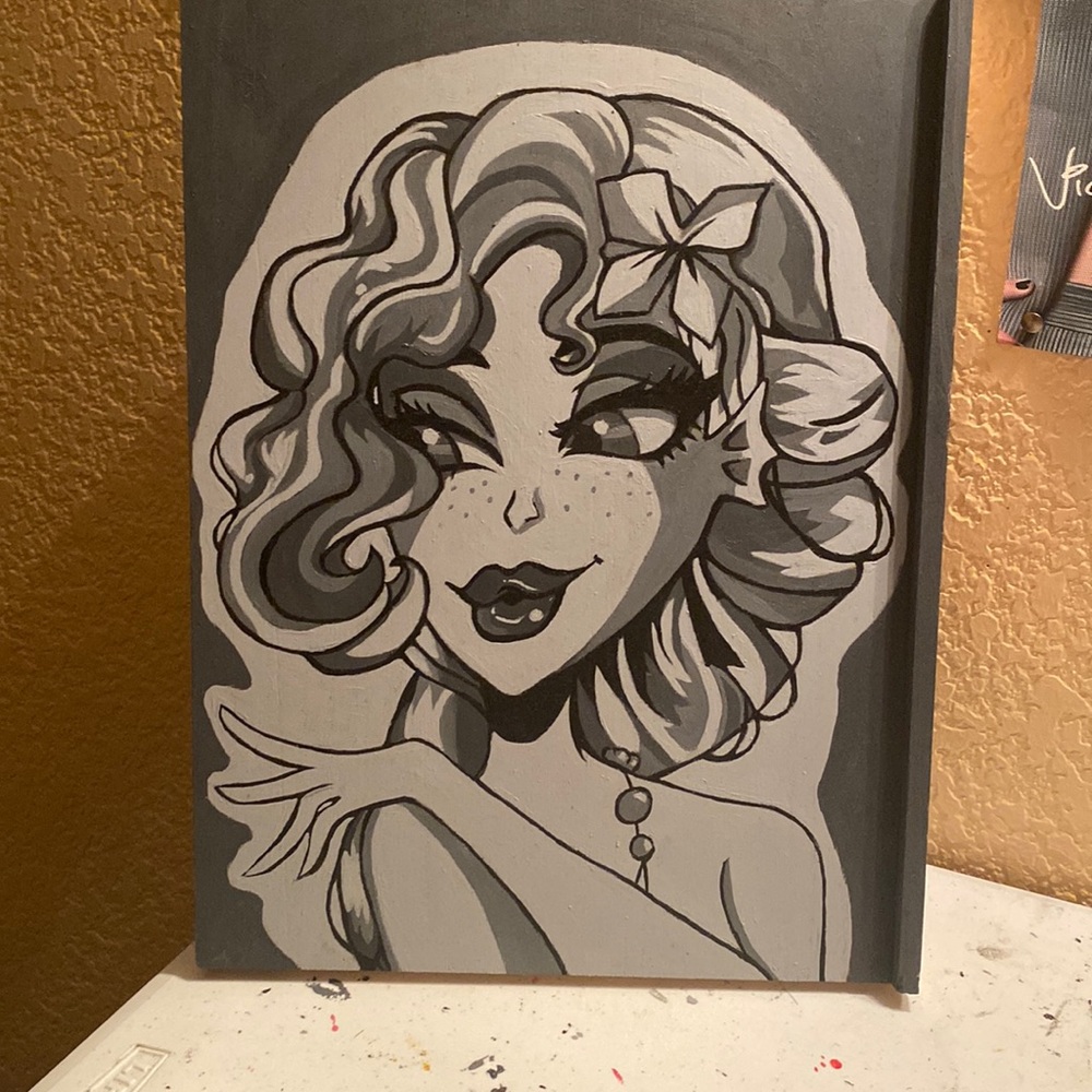 lagoona blue, hand painted free hand easel painting, black gray and white